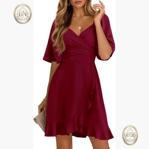 Wrap V Neck Short Flared Sleeve Smocked Elastic Waist Tiered Belted Ruffle Hem
